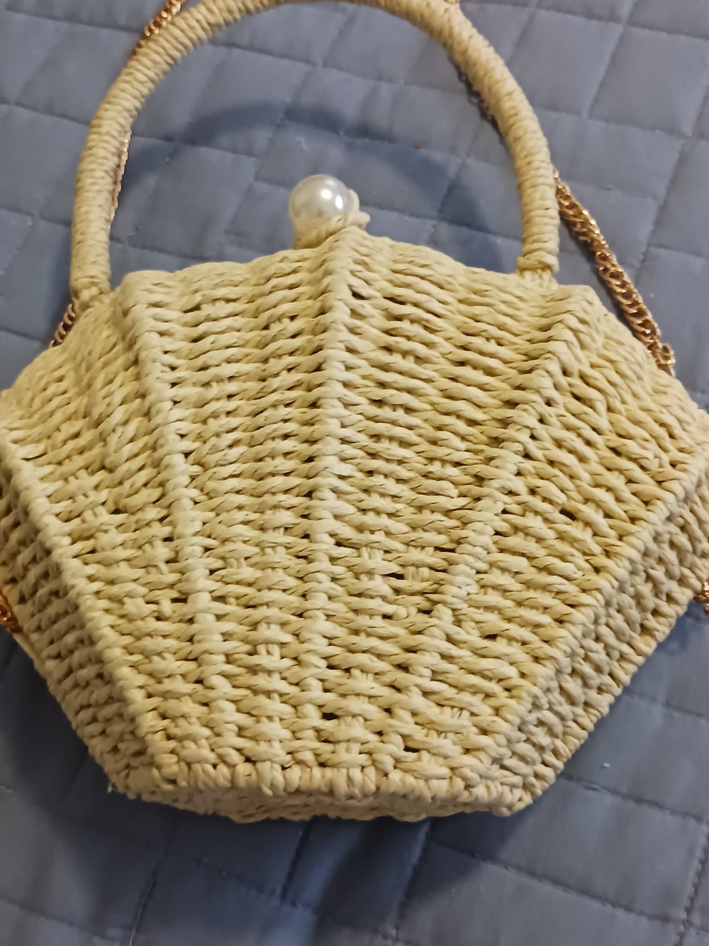 Shell-Shape Woven Mini Bag with Pearl Clasp in Natural